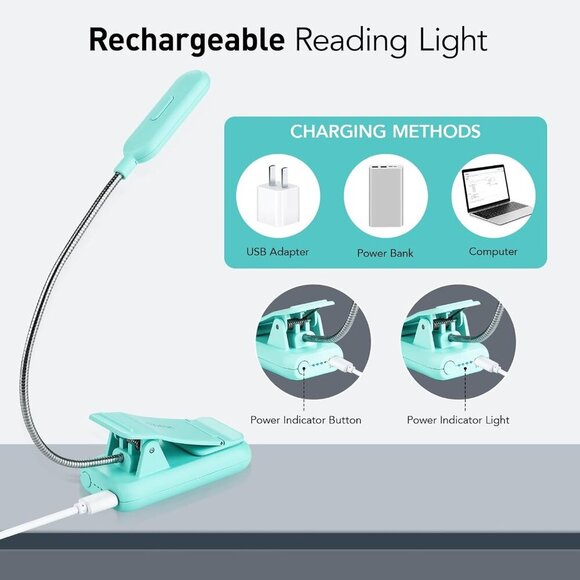 Rechargeable Book Light, Blue Light Blocking, Amber 1600K Clip On Reading Light, - Picture 5 of 7